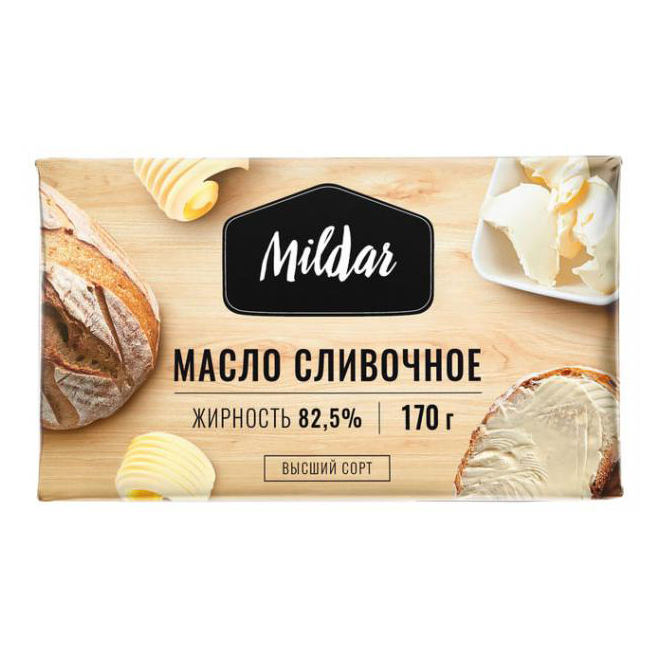Масло сладкосливочное несоленое ТМ Милдар м.д.ж. 82.5% в/с фас 170г (Беларуссия) БЗМЖ