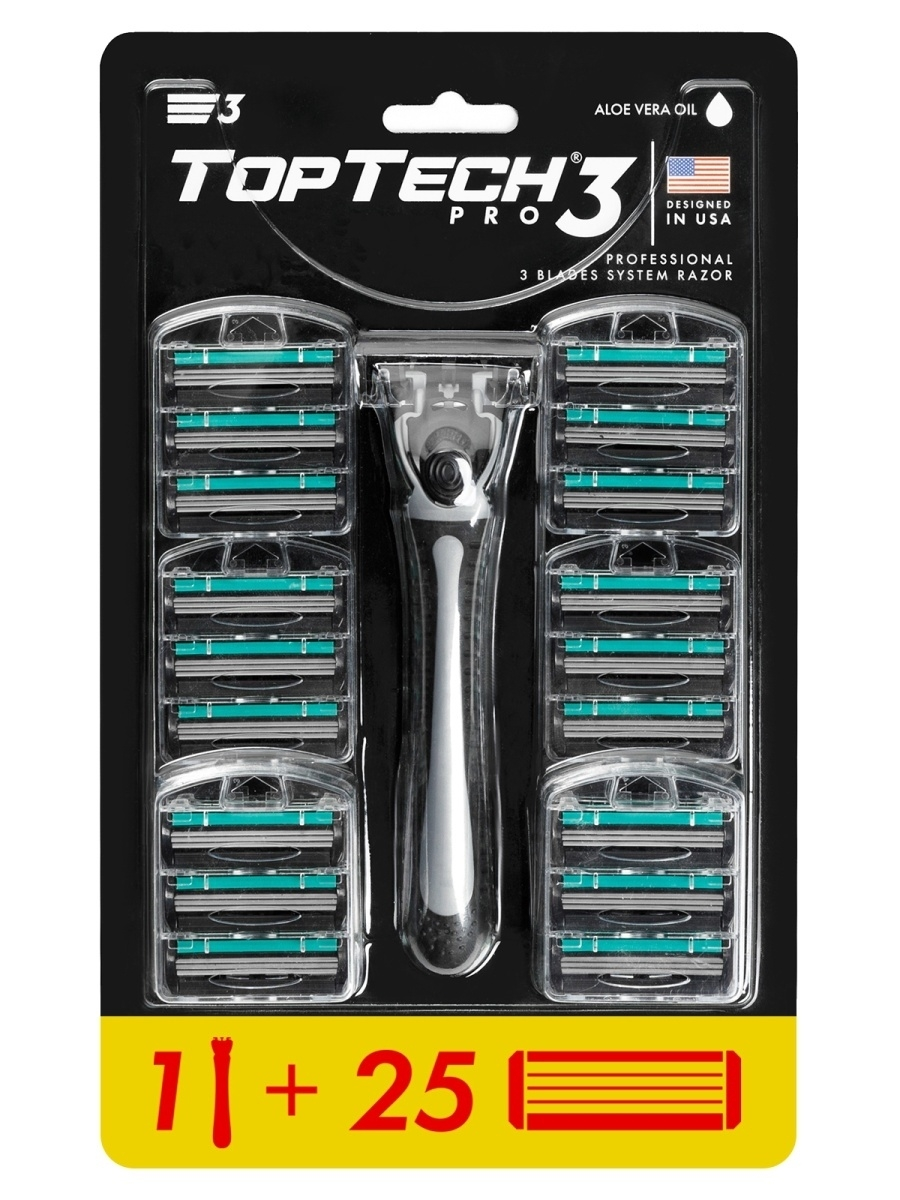 Бритвенная система Top Tech Pro 3 лезвия 1ручка и 25 сменных касет Designed by Toptech Global USA