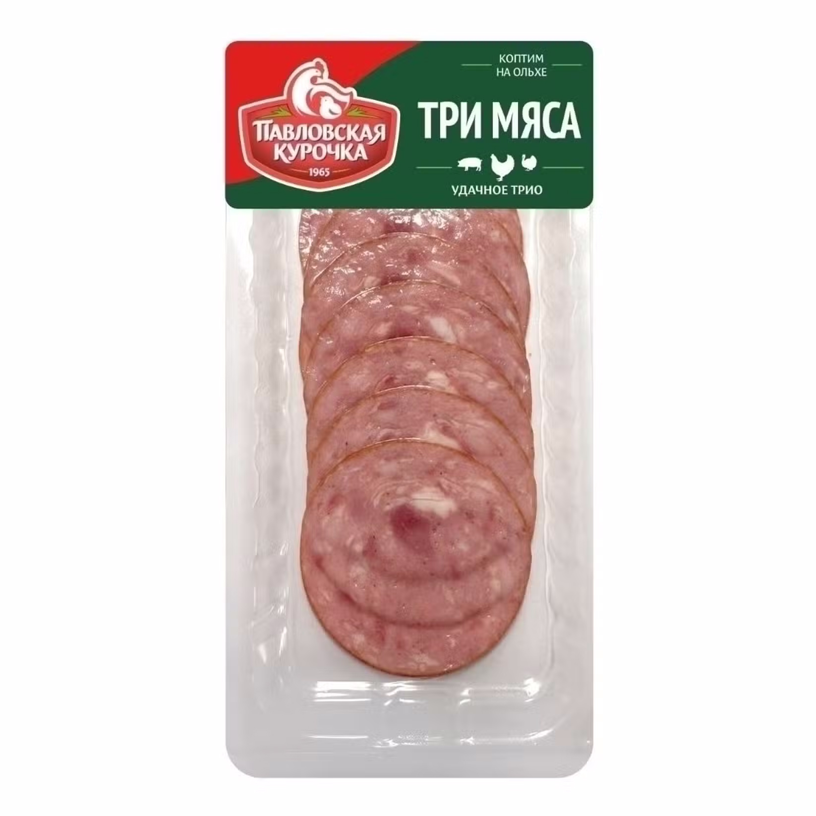 Колбаса "Три мяса" в/к нарезка 90 гр ПТИЦЕФАБРИКА "ПАВЛОВСКАЯ"