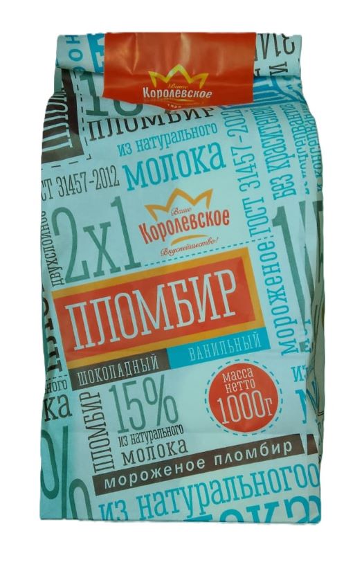 Мороженое пломбир ТМ Королевское пакет 1000 г МДЖ 15% БЗМЖ ООО ЛУГАНСКИЙ ХЛАДОКОМБИНАТ