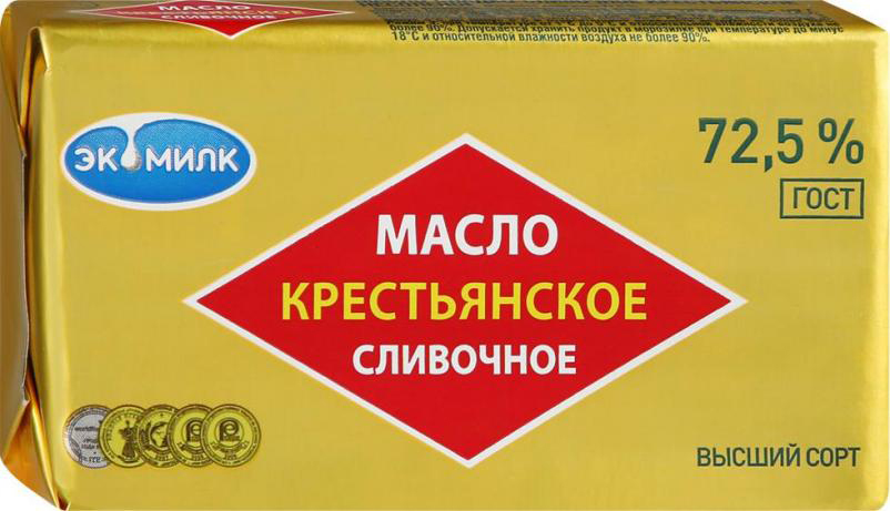 Масло сливочное " Крестьянское в/с ГОСТ 72,5 %, 180 гр